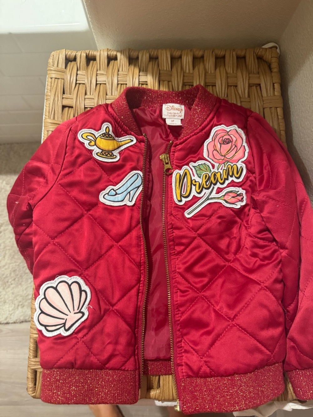 Disney Red Quilted Puffer Jacket with Embroidered Fairy-Tale Patches